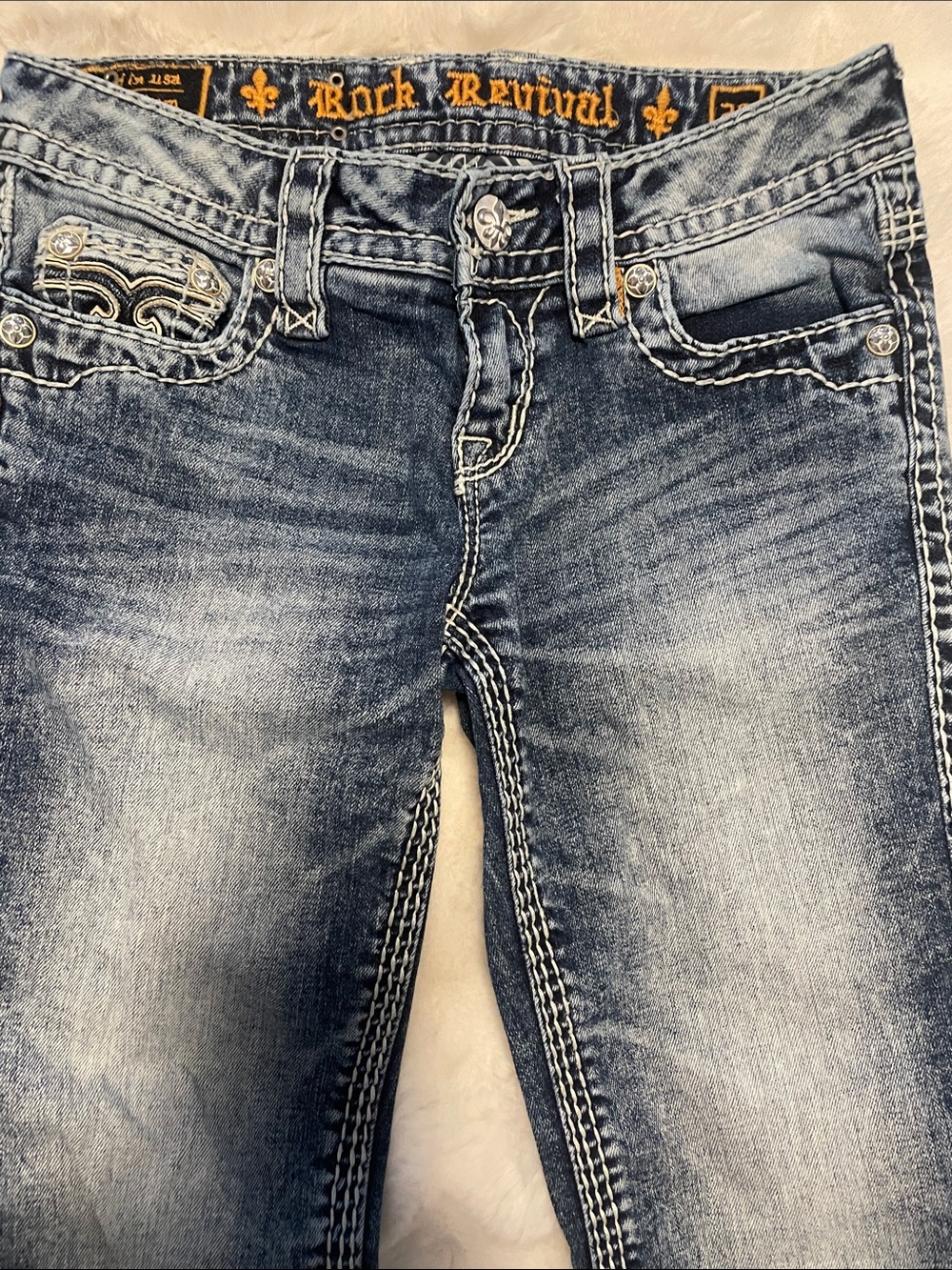 Rock Revival Women's Boot Cut Washed Blue Jeans with Contrast Stitching